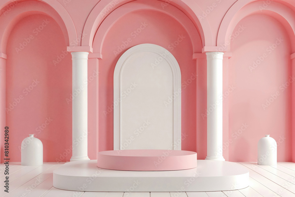 Aufkleber classical arches and columns with a pink round podium in a white and pink room. perfect for sophisti