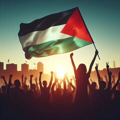 Silhouette of a Palestinian Peoples waving Palestine flag and Celebrating solidarity, Illustration of The flag of the Palestine