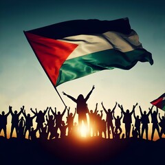 Silhouette of a Palestinian Peoples waving Palestine flag and Celebrating solidarity, Illustration of The flag of the Palestine