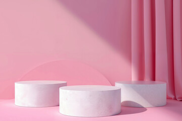 White marble podiums on a pink background with elegant drapery and shadows. Perfect for product display. High quality photo