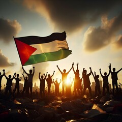 Silhouette of a Palestinian Peoples waving Palestine flag and Celebrating solidarity, Illustration of The flag of the Palestine