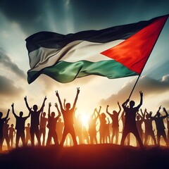 Silhouette of a Palestinian Peoples waving Palestine flag and Celebrating solidarity, Illustration of The flag of the Palestine