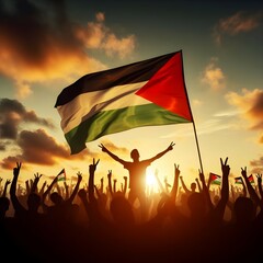 Silhouette of a Palestinian Peoples waving Palestine flag and Celebrating solidarity, Illustration of The flag of the Palestine