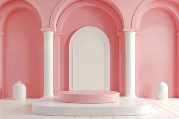 Classical arches and columns with a pink round podium in a white and pink room. Perfect for sophisticated product display and luxury retail concept design.