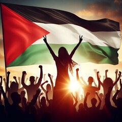 Silhouette of a Palestinian Peoples waving Palestine flag and Celebrating solidarity, Illustration of The flag of the Palestine