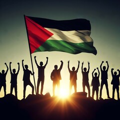 Silhouette of a Palestinian Peoples waving Palestine flag and Celebrating solidarity, Illustration of The flag of the Palestine