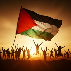 Silhouette of a Palestinian Peoples waving Palestine flag and Celebrating solidarity, Illustration of The flag of the Palestine