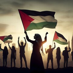 Silhouette of a Palestinian Peoples waving Palestine flag and Celebrating solidarity, Illustration of The flag of the Palestine