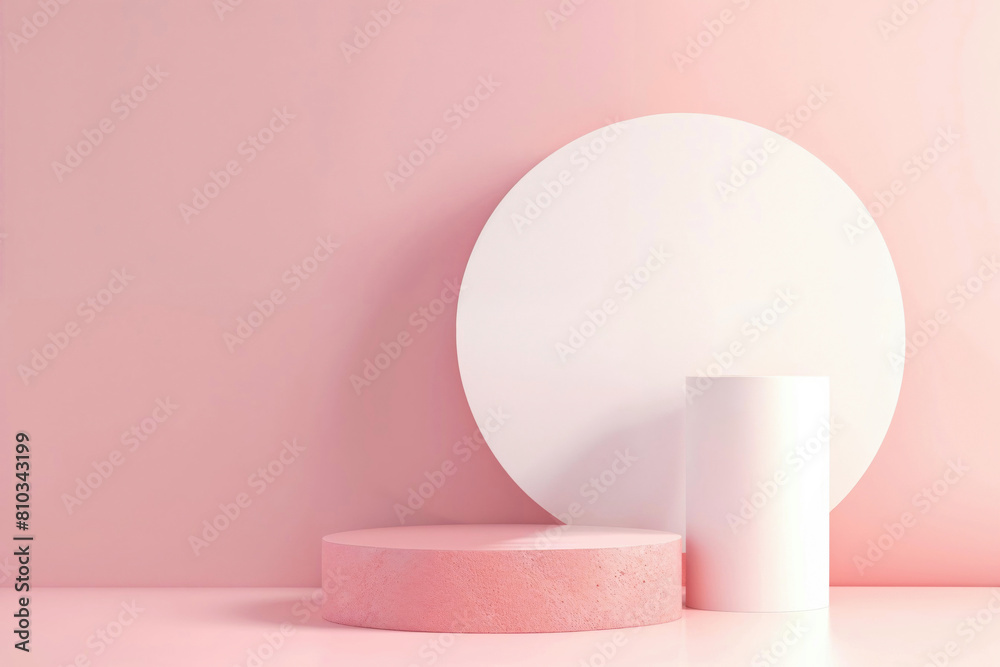 Poster pastel pink podiums with a white round backdrop for elegant product presentations. minimalist design
