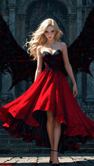 Female vampire character with wings in the church