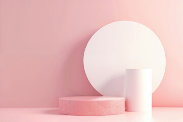 Pastel pink podiums with a white round backdrop for elegant product presentations. Minimalist design with soft lighting for marketing and branding.