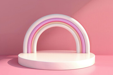 White podium with circular striped line arches on a pink background. Minimalist design concept for modern product display and promotional marketing
