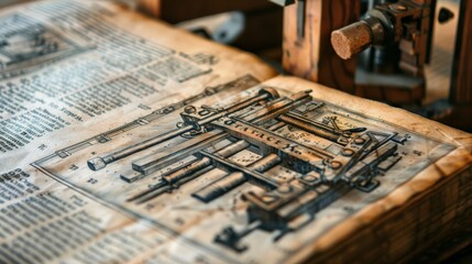 Naklejka premium A close-up of a book page from a history textbook. The page is about the invention of the printing press. The page is illustrated with a picture of a printing press.