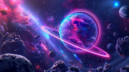 Vibrant 3D planet with glowing neon rings midst a cosmic backdrop of planets, stars, and celestial objects. Futuristic space illustration with abstract elements like meteorites and comets