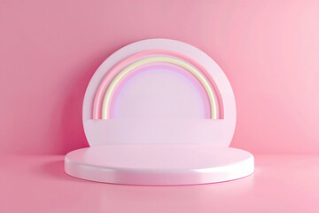 White podium with rainbow neon light arch on a pink background. Modern display for product presentation with a futuristic glow, perfect for advertising and retail design.