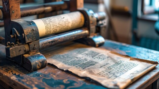 A close-up of a book page from a history textbook. The page is about the invention of the printing press. The page is illustrated with a picture of a printing press.