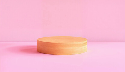 Wooden round podium on pink background. Minimalist product display with a modern aesthetic for retail presentation and advertising design.