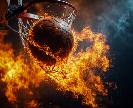 A flaming ball in a basketball hoop.  Basketball hoop on fire.