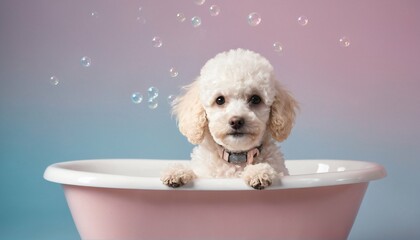 Playful poodle pup in a tiny bathtub filled with soap bubbles and foam