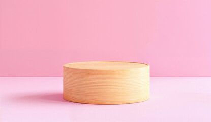 Wooden round podium on pink background. Minimal product display concept for stylish advertising and retail design. Ideal for showcasing fashion and beauty items