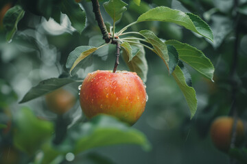 Apple hanging from a tree branch, an inviting image of ripe fruit ready for harvest, ideal for promoting healthy eating and agricultural products
