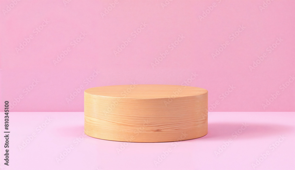 Poster wooden circular podium on a pink background. minimalistic product stand with copy space. design for 