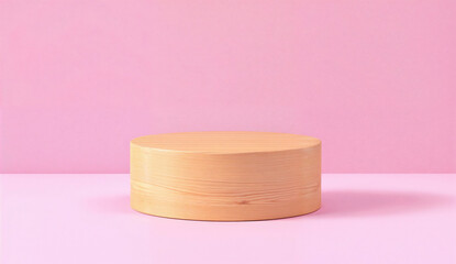 Wooden circular podium on a pink background. Minimalistic product stand with copy space. Design for advertising, display, and product presentation.