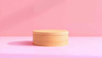 Wooden podium on pink background. Minimal product display concept for a sleek and modern retail design.