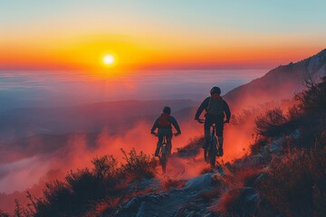Fototapeta premium The breathtaking view of cyclists conquering a misty mountain trail at sunrise, creating a sense of adventure and perseverance amidst nature