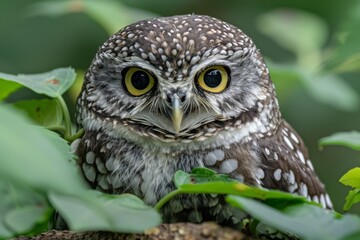 Obraz premium An intimate portrait of a spotted owl peering through lush green foliage, highlighting its protective camouflage