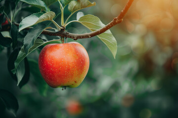 Apple hanging from a tree branch, showcasing the beauty of fresh fruit grown in apple orchards, perfect for agricultural advertisements