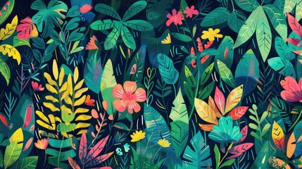 Drawing of palm leaves and flowers in a modern style, tropical print pattern on a black background, cod art botanical design, bright colors. Generative AI