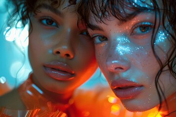 Obraz premium This image features two models under a play of colorful lights, conveying a vibrant and contemporary feel