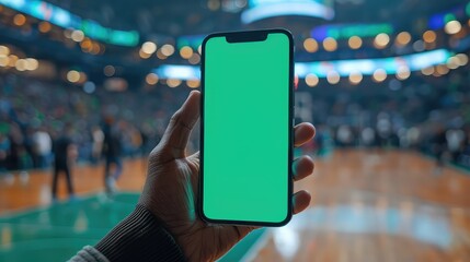 mockup phone with green screen, the background should be from a basketball stadium