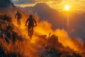 Fototapeta premium Two mountain bikers descending a dusty trail at sunset with bright sun and mountain background