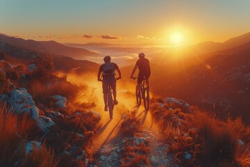 Two cyclists on mountain bikes riding on a trail towards the setting sun with a scenic backdrop