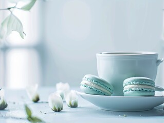 Artistic cup adorned with a vibrant green and white flower design, accompanied by two exquisite macarons. Aesthetic table arrangement. - Powered by Adobe