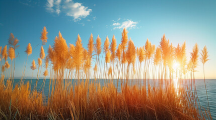 Reeds field in the sun; lake