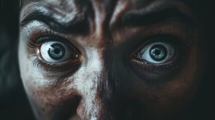 Naklejka premium A close-up of a face with a scared expression. The eyes are wide and the mouth is trembling. The person is frightened and terrified.