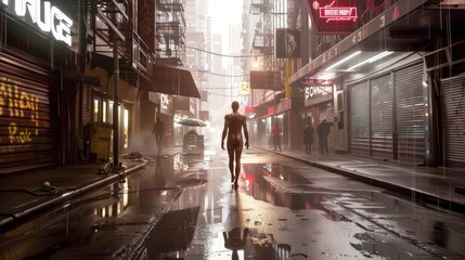 Rainy cityscape: A lone man walking along a street illuminated by captivating neon signs amidst a...