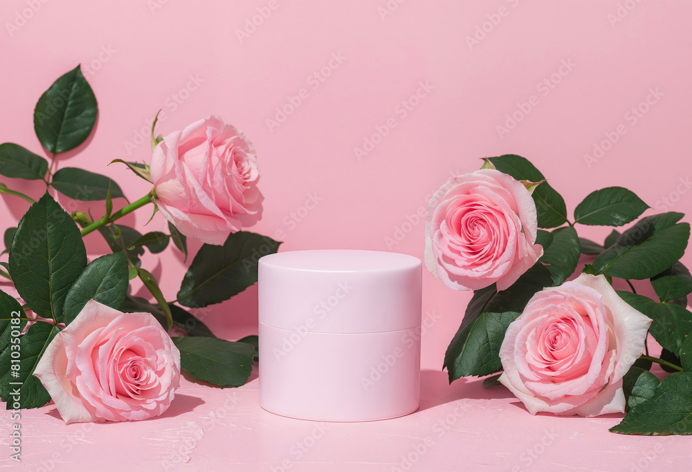 Poster pink background with pink roses and a round podium for product presentation. elegant floral display 