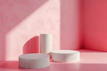 White cylindrical and round podiums in a pink corner with natural light and shadows. Minimalist display for product showcase and exhibitions.