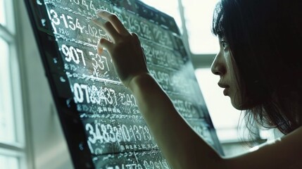A woman is looking at a computer screen with numbers on it