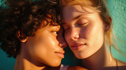 Fototapeta premium Sweet queer couple cuddle in sunshine on summer vibe
