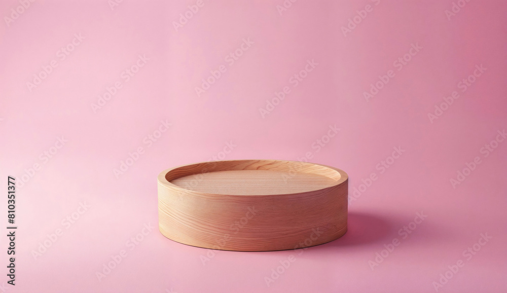 Poster empty round wooden podium on a pink background. mockup for product display with minimalist design fo