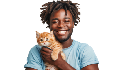 Portrait of happy man hugging and cuddling his cute baby orange cat. Domestic pets isolated on transparent background
