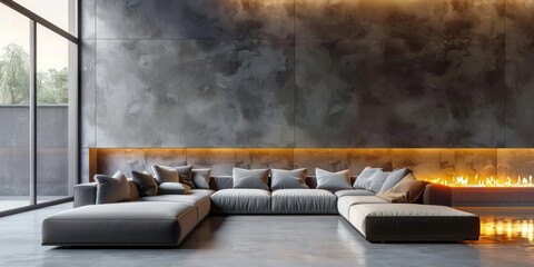 contemporary living room with large modular sofa and sleek fireplace design