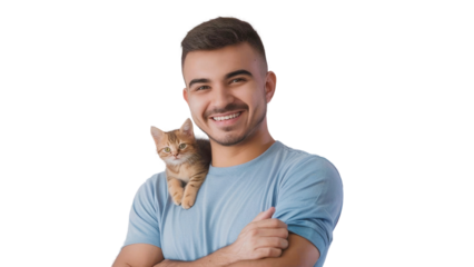 Joyful happy man with his cat play together, isolated on transparent background
