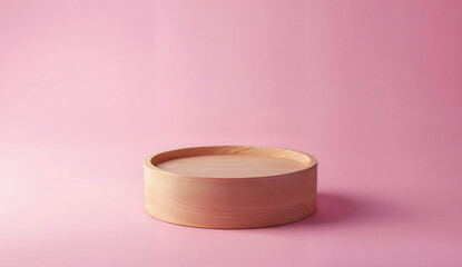Empty round wooden podium on a pink background. Mockup for product display with minimalist design for print and advertising
