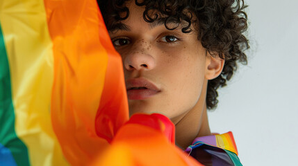 A minimalist close-up portrait of an LGBTQ person holding a pride flag
